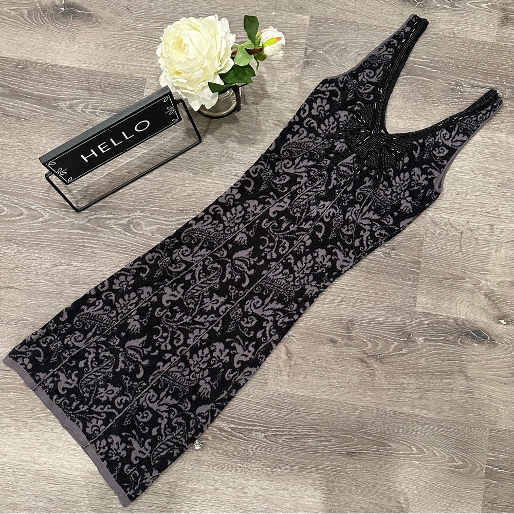 Free People Beaded Damask Dress XS Black Gray Boho Sleeveless Midi